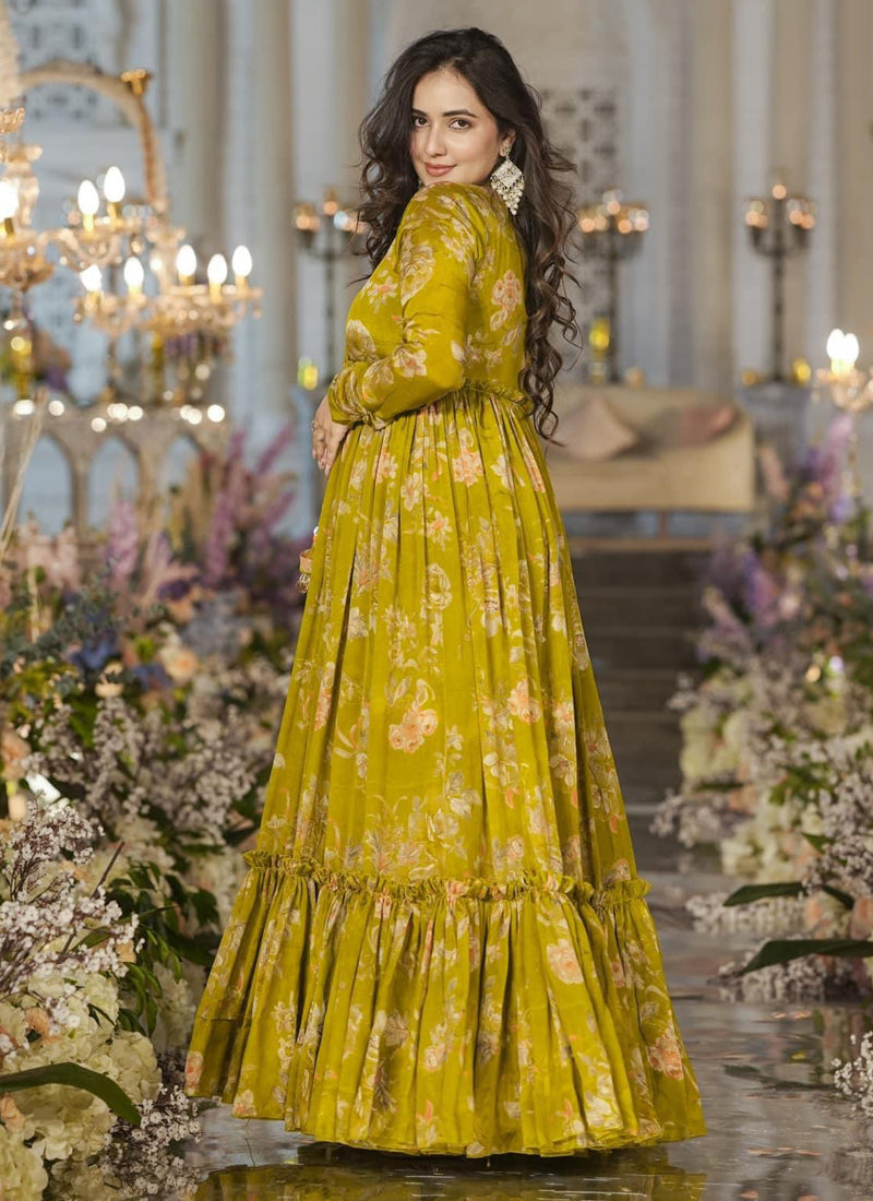 Vegaa Fashion Smith Green Chinon Silk Digital Print Palazzo With Shrug Indo Western Suit