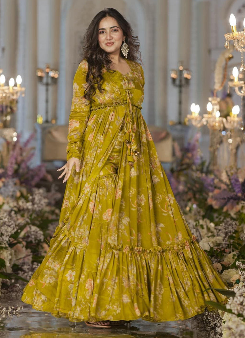 Vegaa Fashion Smith Green Chinon Silk Digital Print Palazzo With Shrug Indo Western Suit