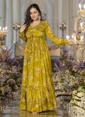 Vegaa Fashion Smith Green Chinon Silk Digital Print Palazzo With Shrug Indo Western Suit