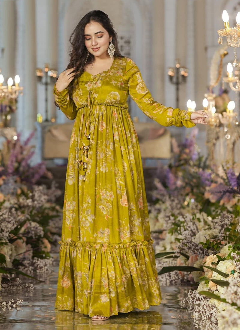 Vegaa Fashion Smith Green Chinon Silk Digital Print Palazzo With Shrug Indo Western Suit