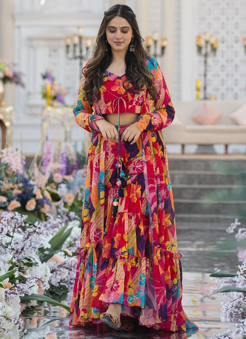 Vegaa Fashion Multicolor Chinon Silk Digital Print Palazzo With Shrug Indo Western Suit