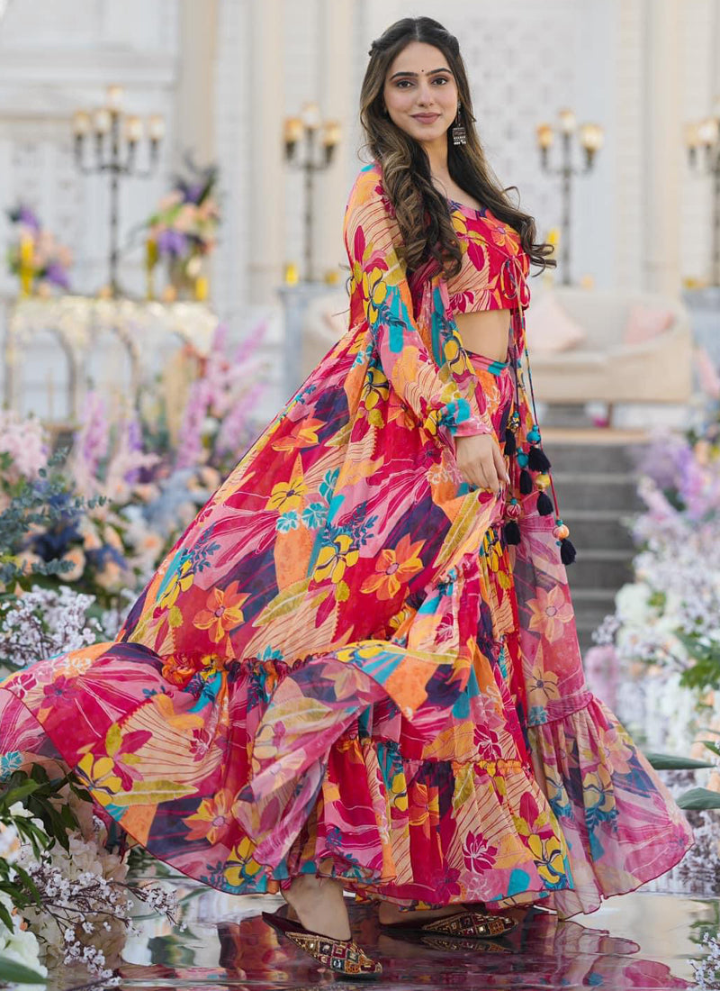 Vegaa Fashion Multicolor Chinon Silk Digital Print Palazzo With Shrug Indo Western Suit