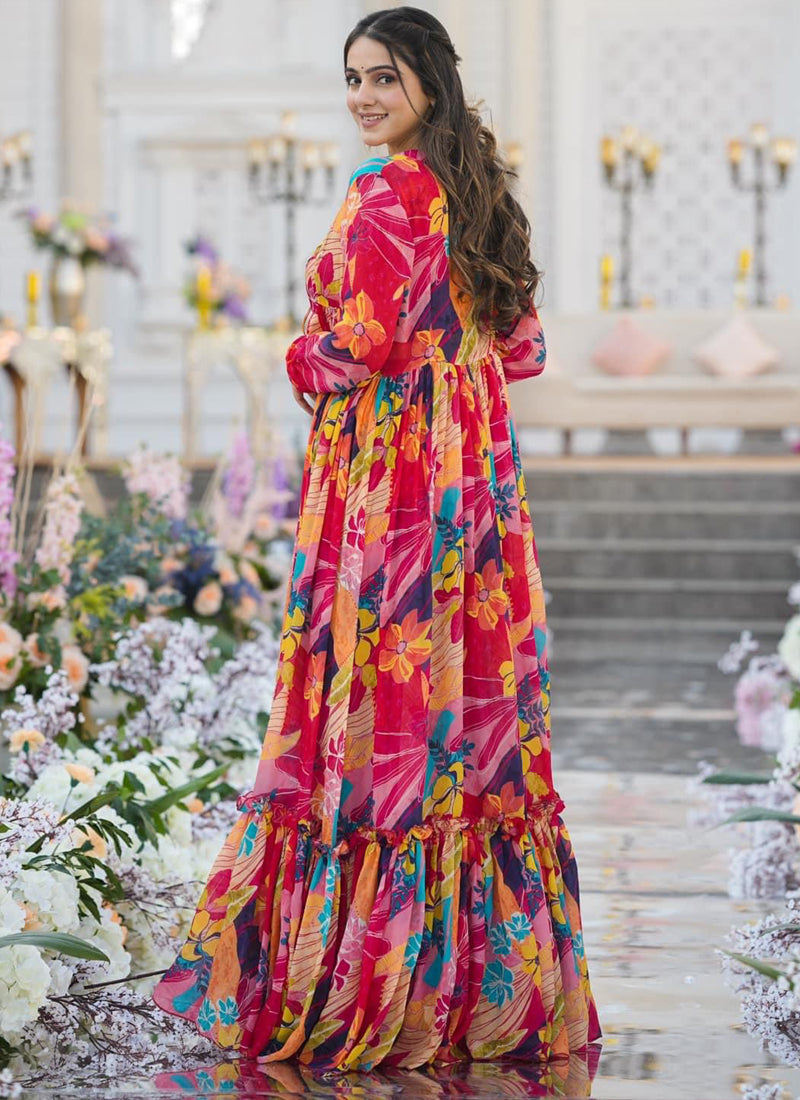 Vegaa Fashion Multicolor Chinon Silk Digital Print Palazzo With Shrug Indo Western Suit