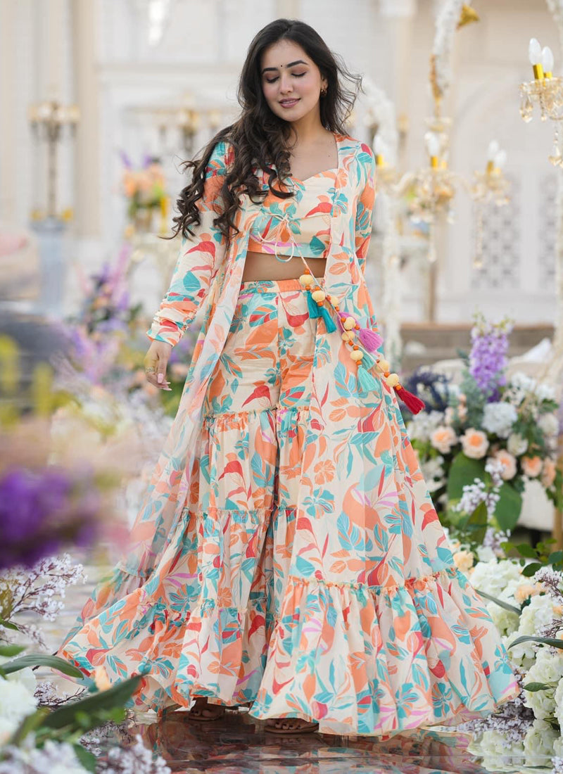 Vegaa Fashion Off White Chinon Silk Digital Print Palazzo With Shrug Indo Western Suit