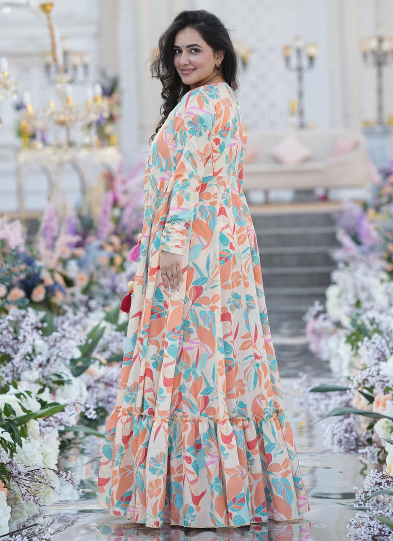 Vegaa Fashion Off White Chinon Silk Digital Print Palazzo With Shrug Indo Western Suit