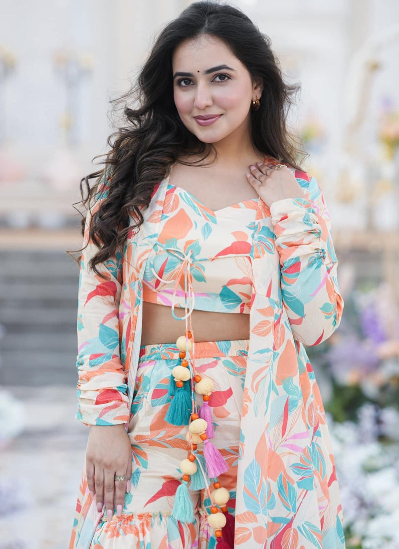 Vegaa Fashion Off White Chinon Silk Digital Print Palazzo With Shrug Indo Western Suit