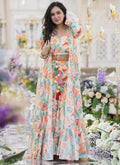 Vegaa Fashion Off White Chinon Silk Digital Print Palazzo With Shrug Indo Western Suit