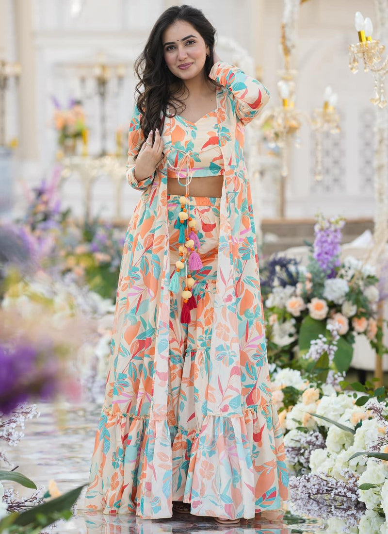 Vegaa Fashion Off White Chinon Silk Digital Print Palazzo With Shrug Indo Western Suit