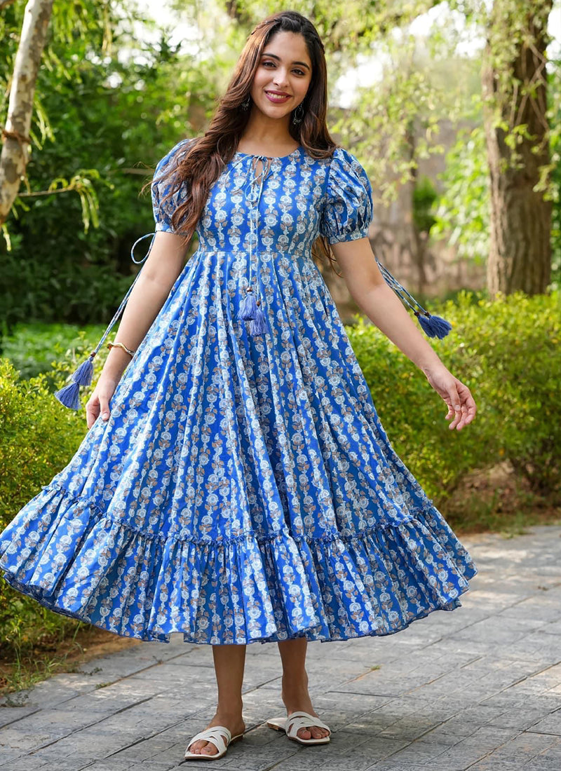 Vegaa Fashion Blue Rayon Digital Print Designer Western Gown