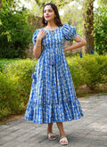 Vegaa Fashion Blue Rayon Digital Print Designer Western Gown