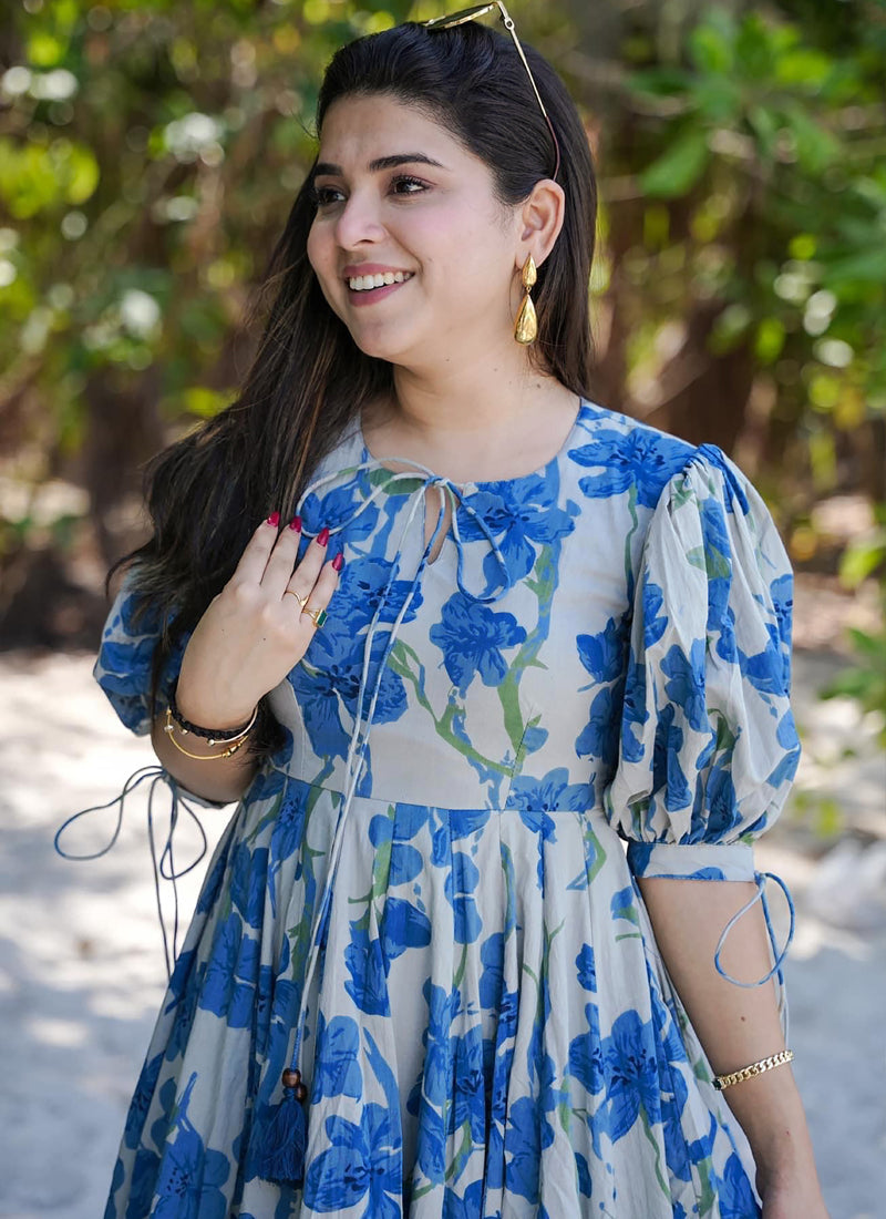 Vegaa Fashion Blue Rayon Digital Print Designer Western Gown