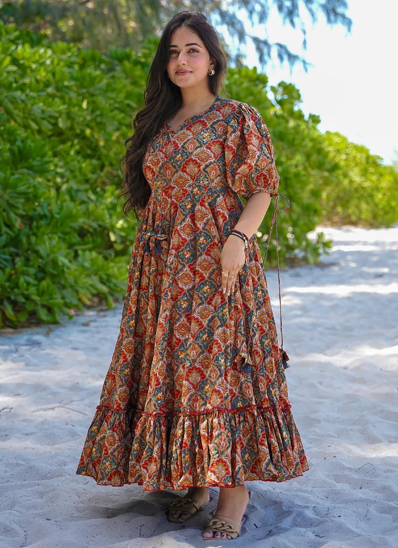 Vegaa Fashion Multi Color Rayon Digital Print Designer Western Gown