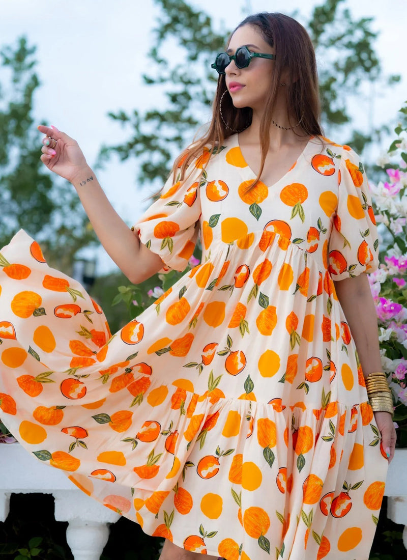 Vegaa Fashion Off White Rayon Digital Print Designer Western Gown