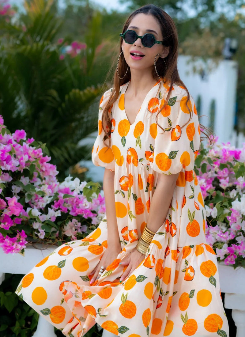 Vegaa Fashion Off White Rayon Digital Print Designer Western Gown