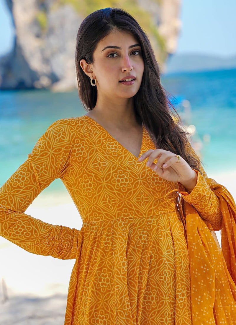 Vegaa Fashion Pumpkin Yellow Pure Muslin Digital Printed Designer Salwar Suit