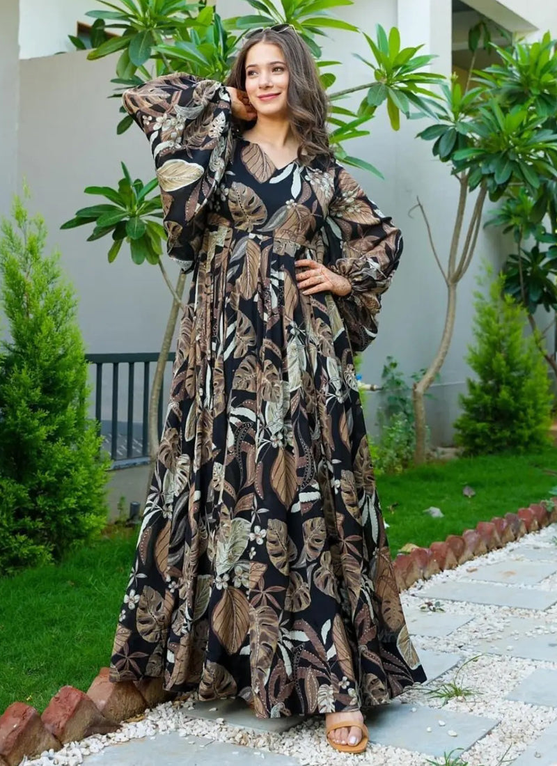 Vegaa Fashion Multi Color Heavy Air Tex Chinon Silk Digital Print Designer Gown