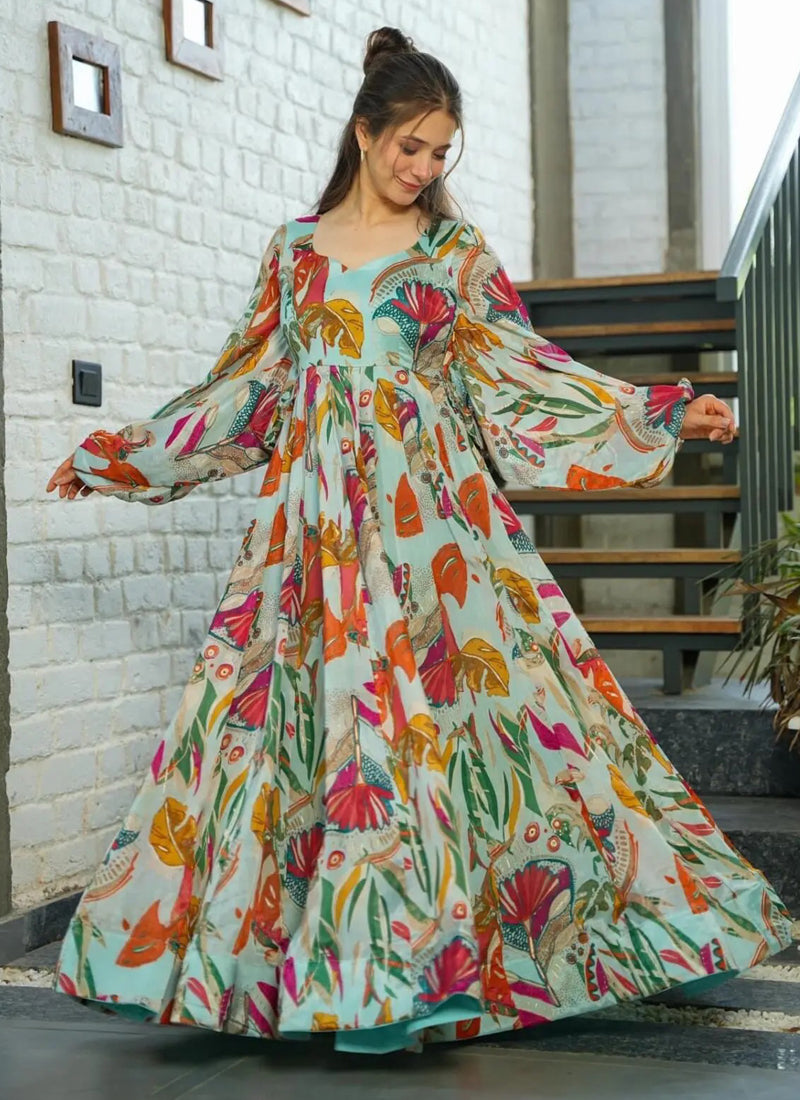 Vegaa Fashion Multi Color Heavy Air Tex Chinon Silk Digital Print Designer Gown