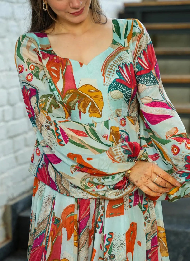 Vegaa Fashion Multi Color Heavy Air Tex Chinon Silk Digital Print Designer Gown