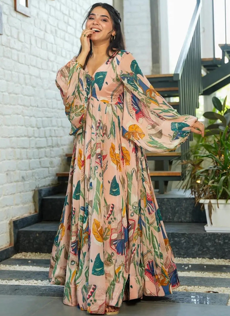 Vegaa Fashion Multi Color Heavy Air Tex Chinon Silk Digital Print Designer Gown