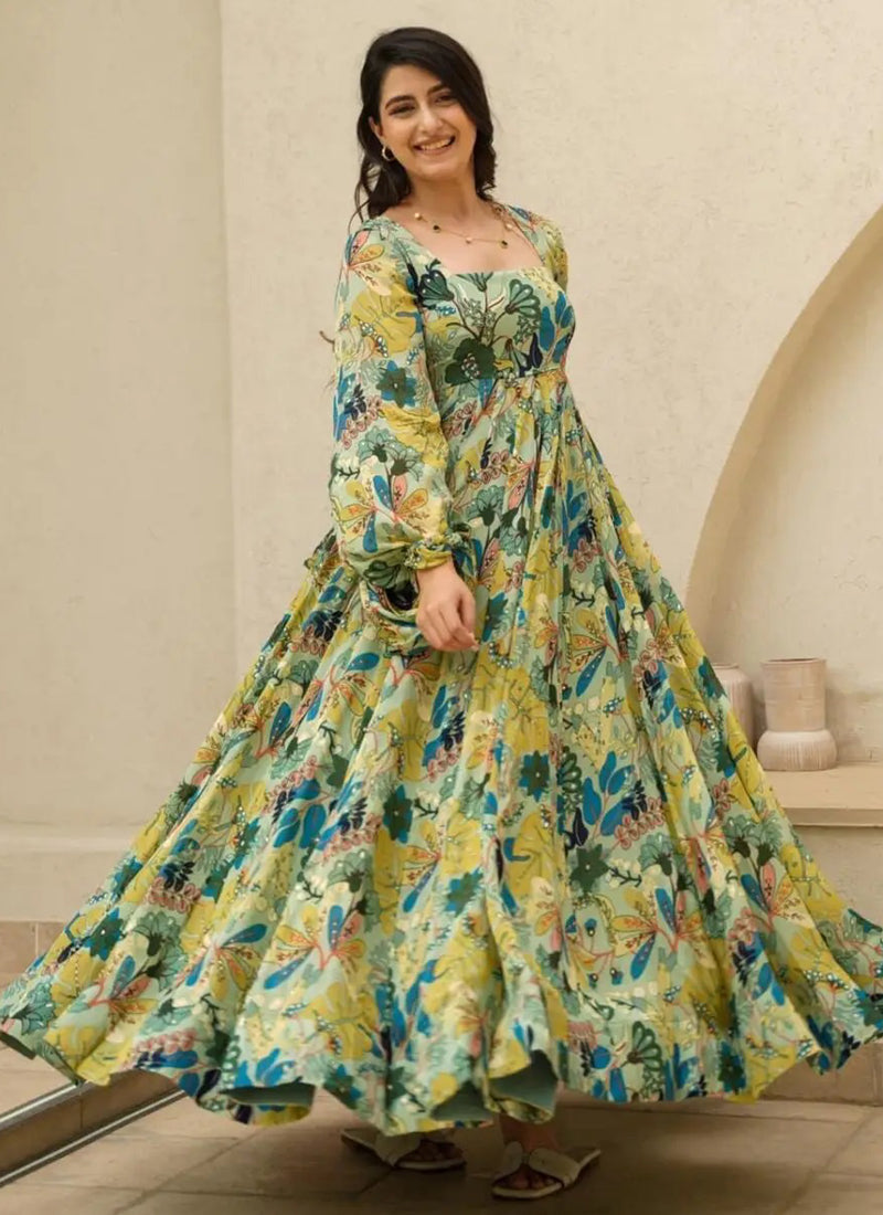 Vegaa Fashion Multi Color Heavy Air Tex Chinon Silk Digital Print Designer Gown