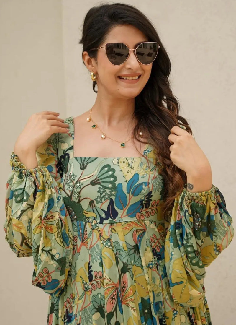 Vegaa Fashion Multi Color Heavy Air Tex Chinon Silk Digital Print Designer Gown