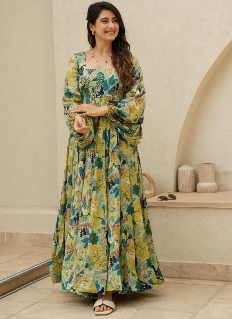 Vegaa Fashion Multi Color Heavy Air Tex Chinon Silk Digital Print Designer Gown