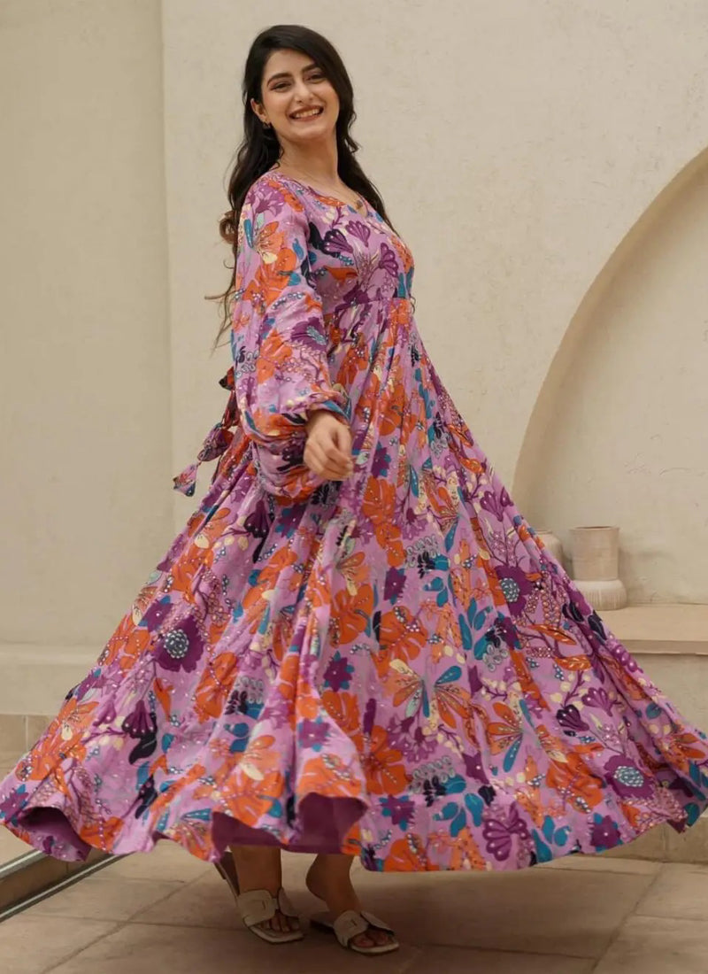 Vegaa Fashion Multi Color Heavy Air Tex Chinon Silk Digital Print Designer Gown
