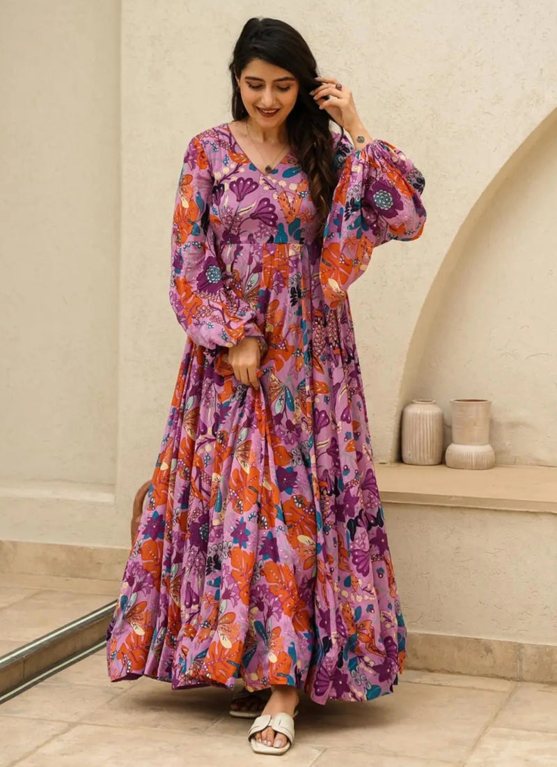 Vegaa Fashion Multi Color Heavy Air Tex Chinon Silk Digital Print Designer Gown