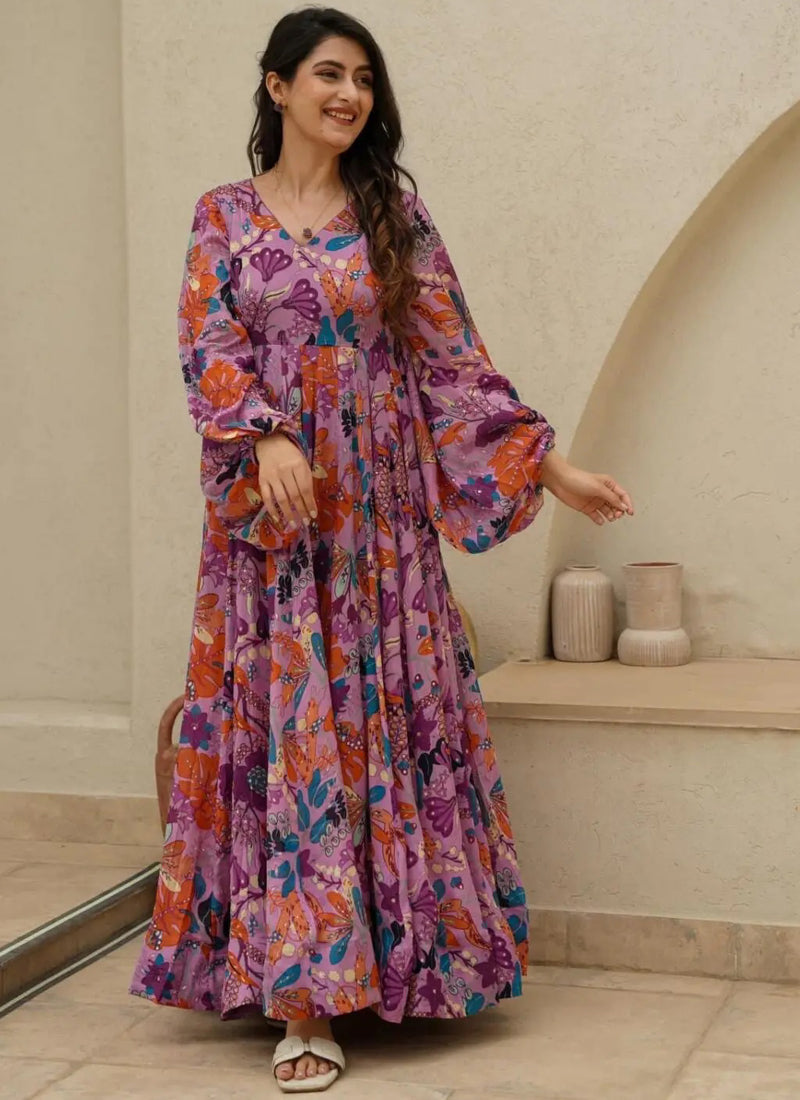 Vegaa Fashion Multi Color Heavy Air Tex Chinon Silk Digital Print Designer Gown