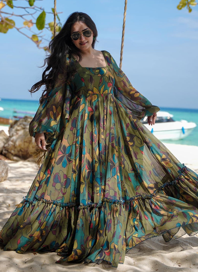 Vegaa Fashion Multi Color Heavy Air Tex Chinon Silk Digital Print Designer Gown