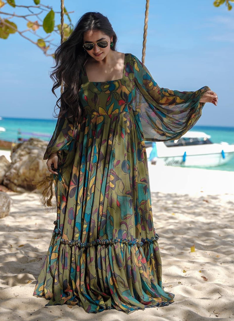 Vegaa Fashion Multi Color Heavy Air Tex Chinon Silk Digital Print Designer Gown