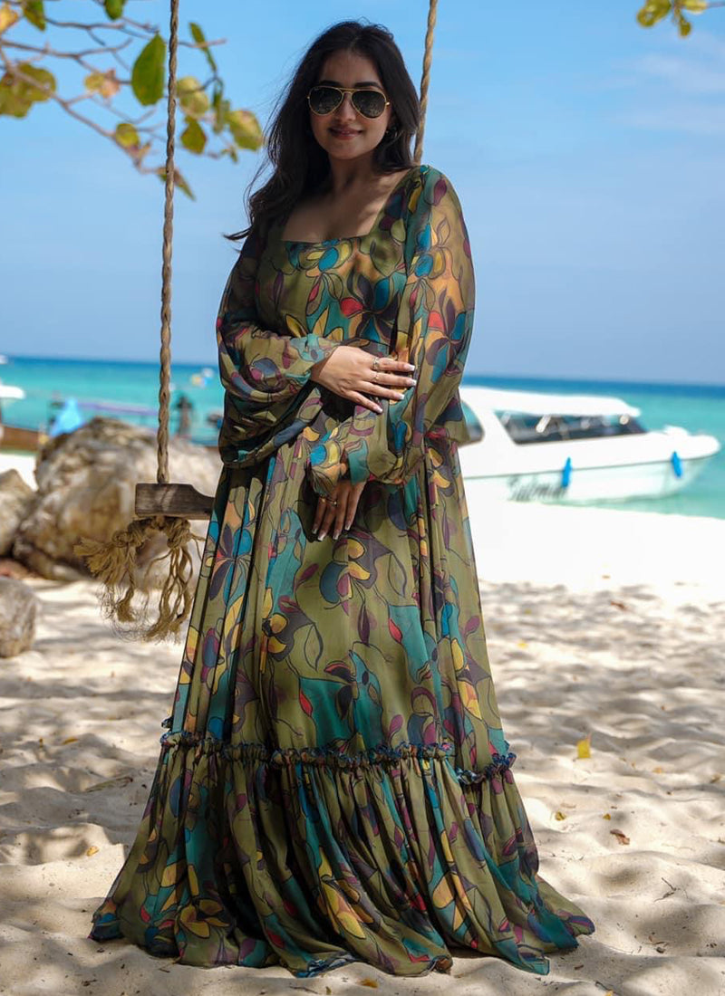 Vegaa Fashion Multi Color Heavy Air Tex Chinon Silk Digital Print Designer Gown