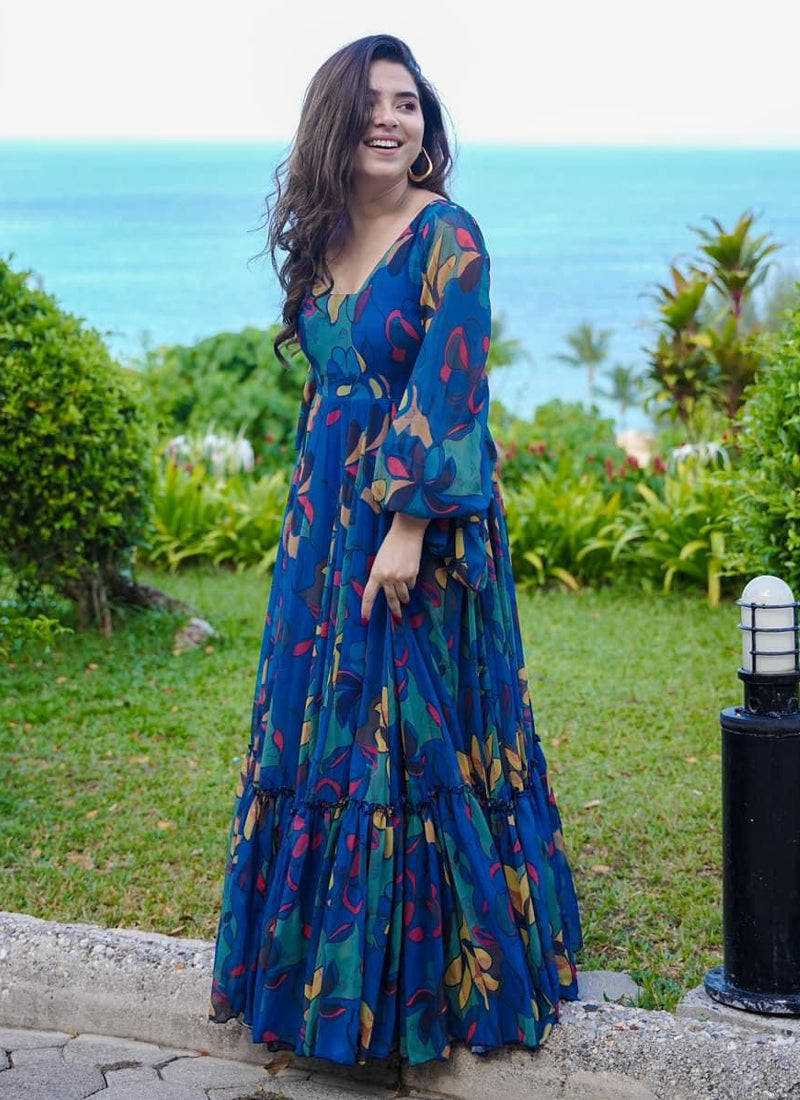 Vegaa Fashion Multi Color Heavy Air Tex Chinon Silk Digital Print Designer Gown