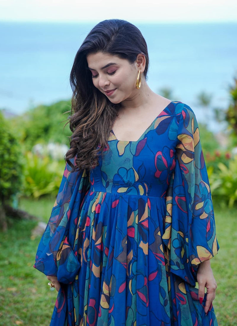 Vegaa Fashion Multi Color Heavy Air Tex Chinon Silk Digital Print Designer Gown