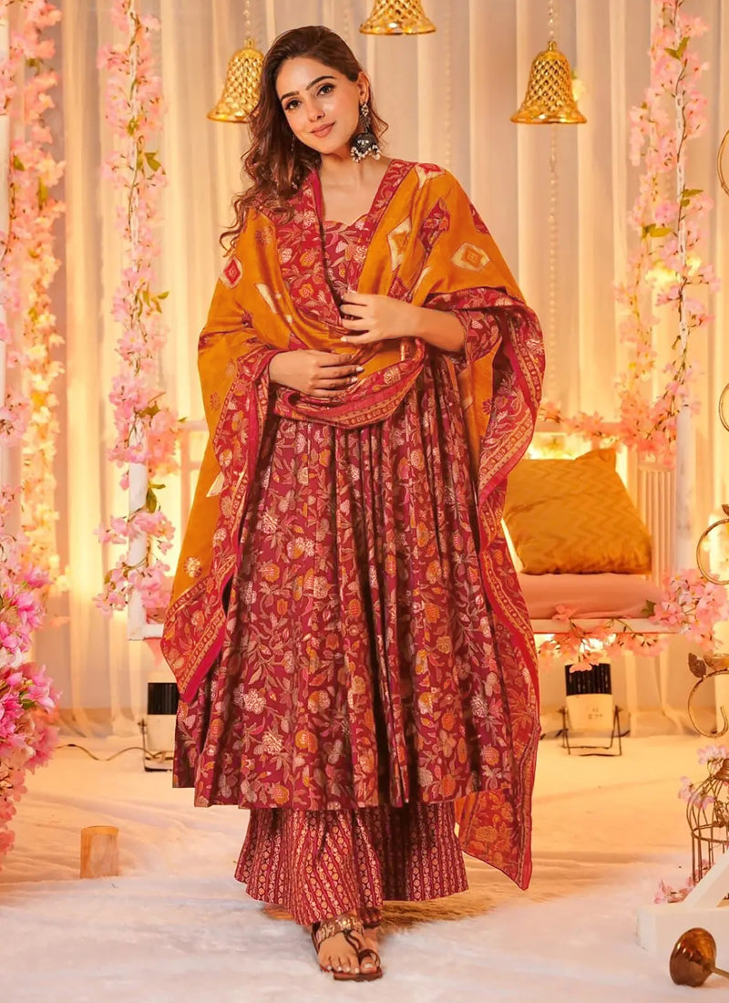 Vegaa Fashion Red Muslin Digital Print Designer Salwar Suit
