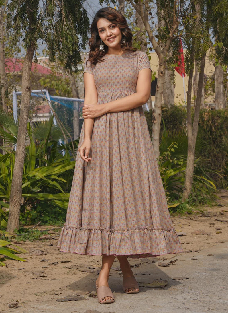 Vegaa Fashion Beige Rayon Digital Print Designer Gown For Festive
