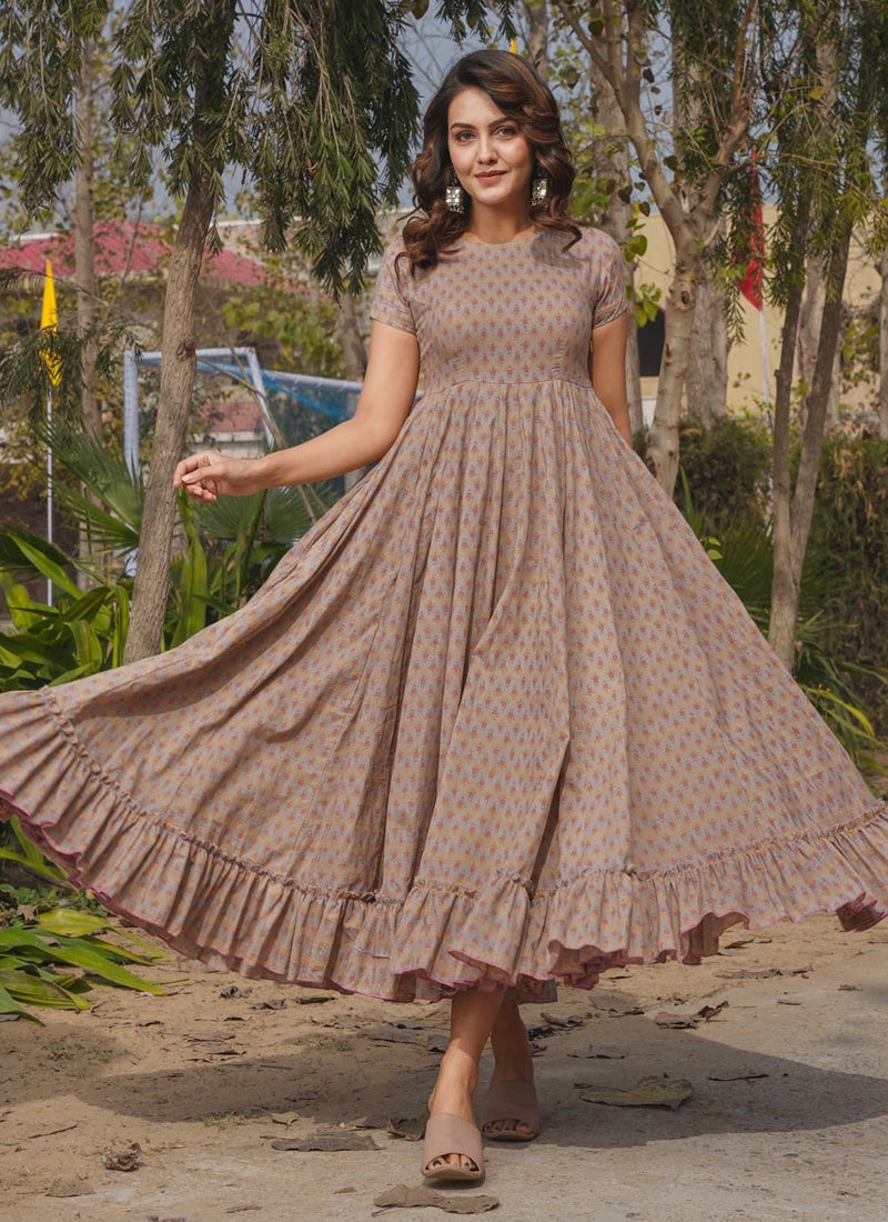 Vegaa Fashion Beige Rayon Digital Print Designer Gown For Festive