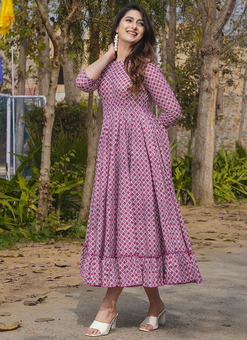 Vegaa Fashion Onion Pink Rayon Digital Print Designer Gown For Festive