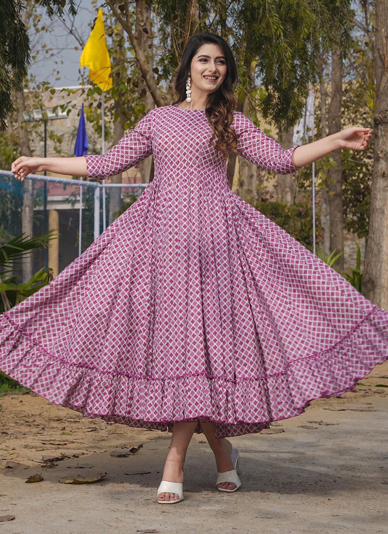 Vegaa Fashion Onion Pink Rayon Digital Print Designer Gown For Festive