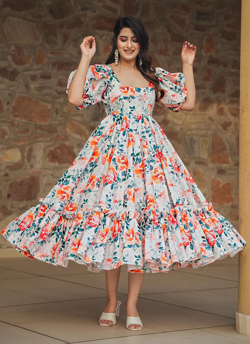 Vegaa Fashion Off White Rayon Digital Print Designer Gown For Festive