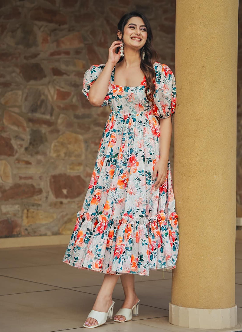 Vegaa Fashion Off White Rayon Digital Print Designer Gown For Festive