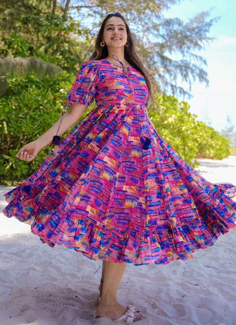 Vegaa Fashion Multicolor Rayon Digital Print Designer Gown For Festive