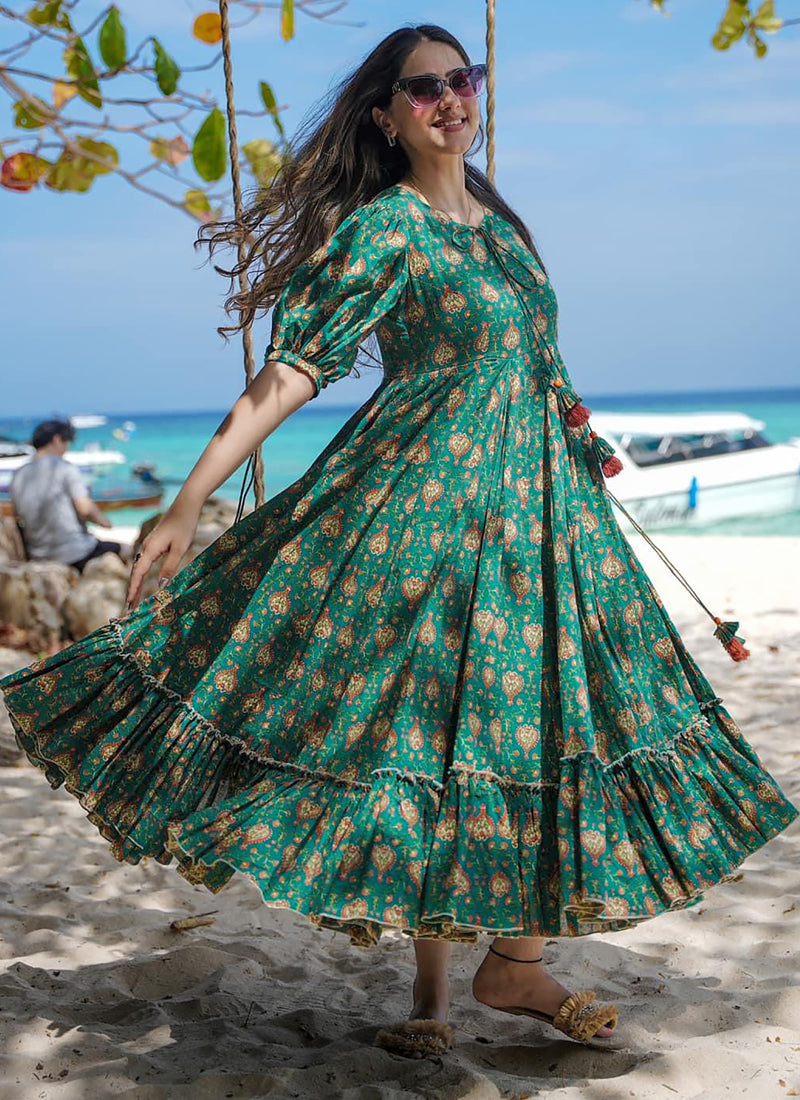 Vegaa Fashion Green Rayon Digital Print Designer Gown For Festive
