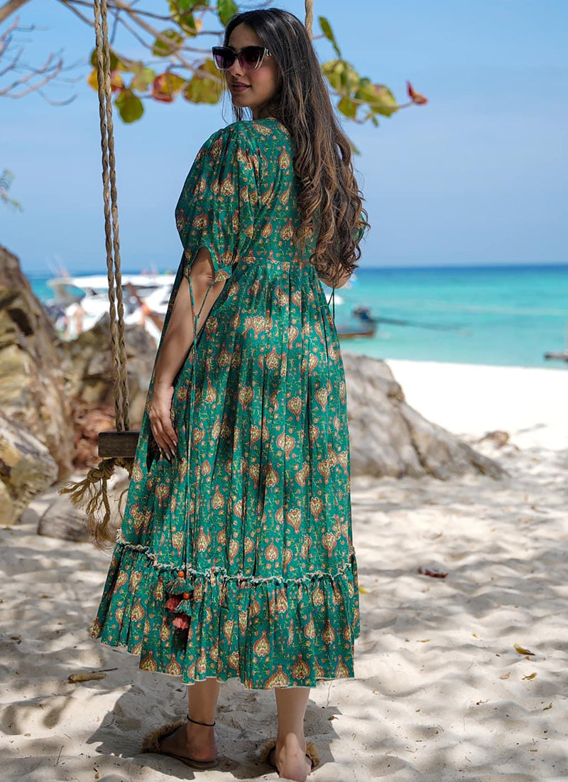 Vegaa Fashion Green Rayon Digital Print Designer Gown For Festive
