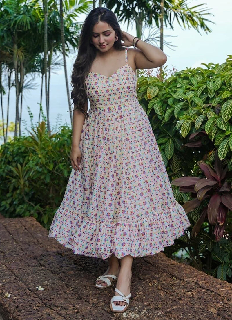 Vegaa Fashion Off White Rayon Digital Print Designer Gown For Festive