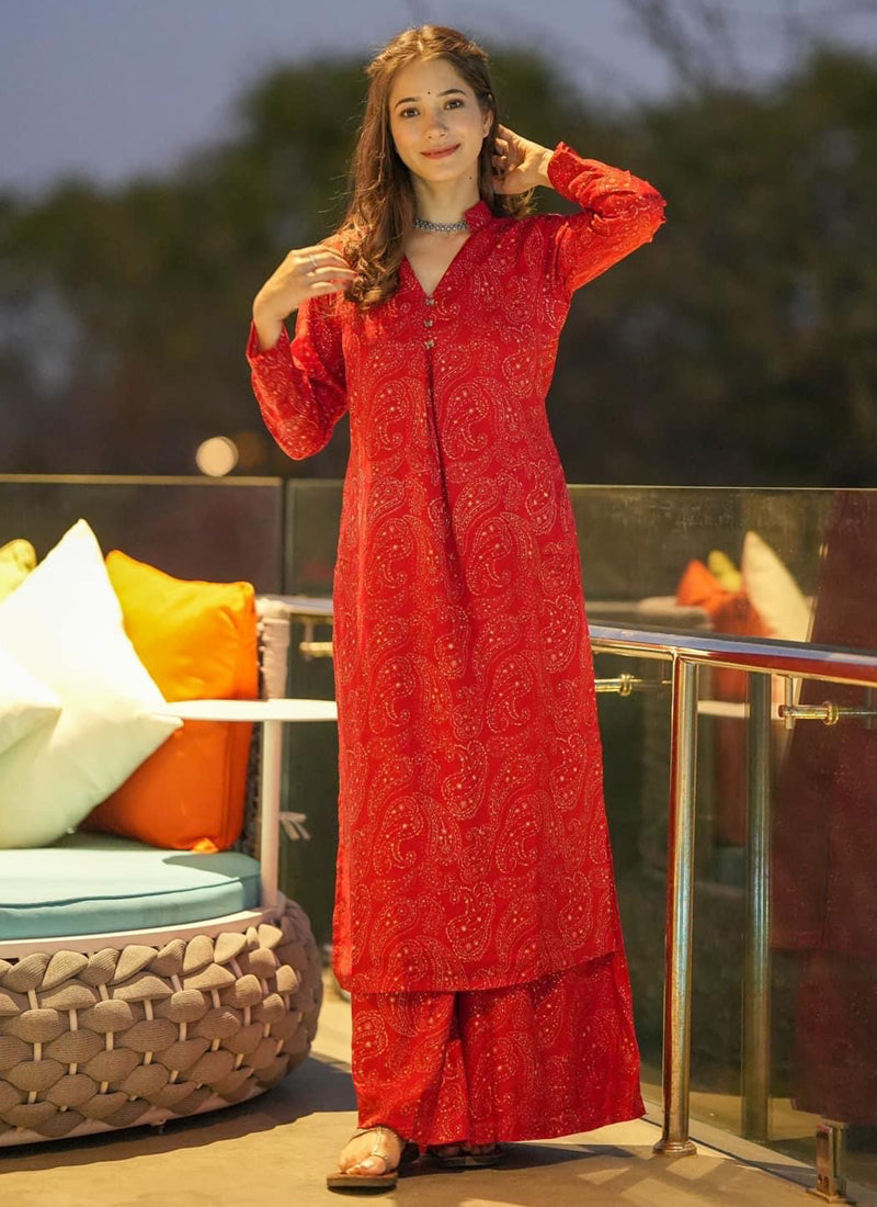 Vegaa Fashion Red Muslin Digital Print Designer Kurti Pant