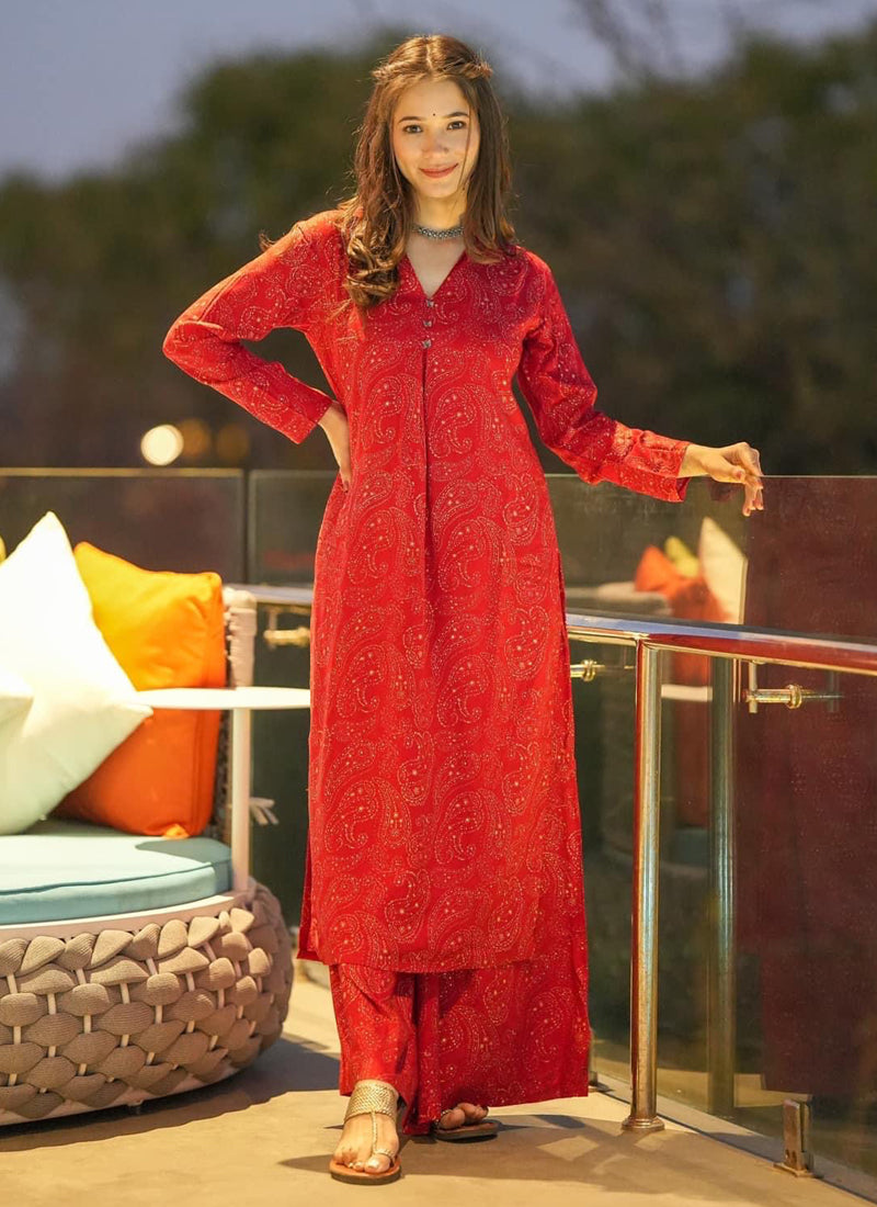 Vegaa Fashion Red Muslin Digital Print Designer Kurti Pant