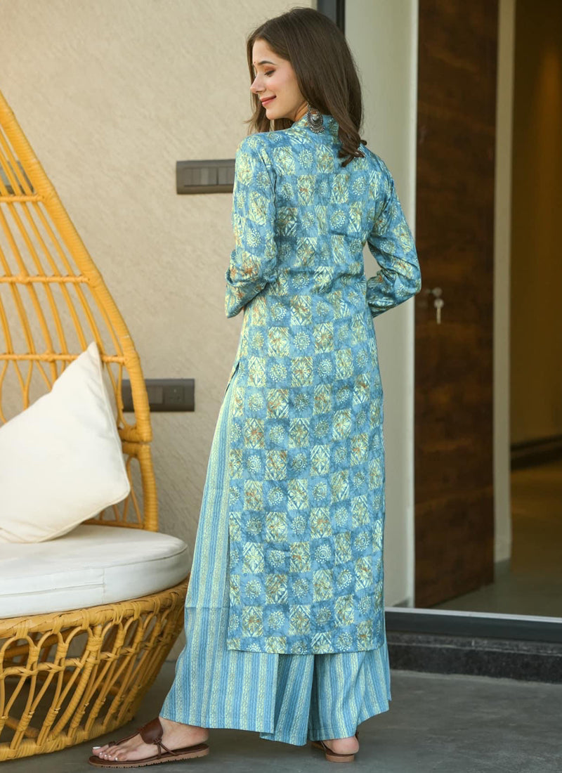 Vegaa Fashion Electric Blue Muslin Digital Print Designer Kurti Pant