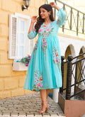 Vegaa Fashion Sky Blue Rayon Kota Checks Digital Print Kurti
