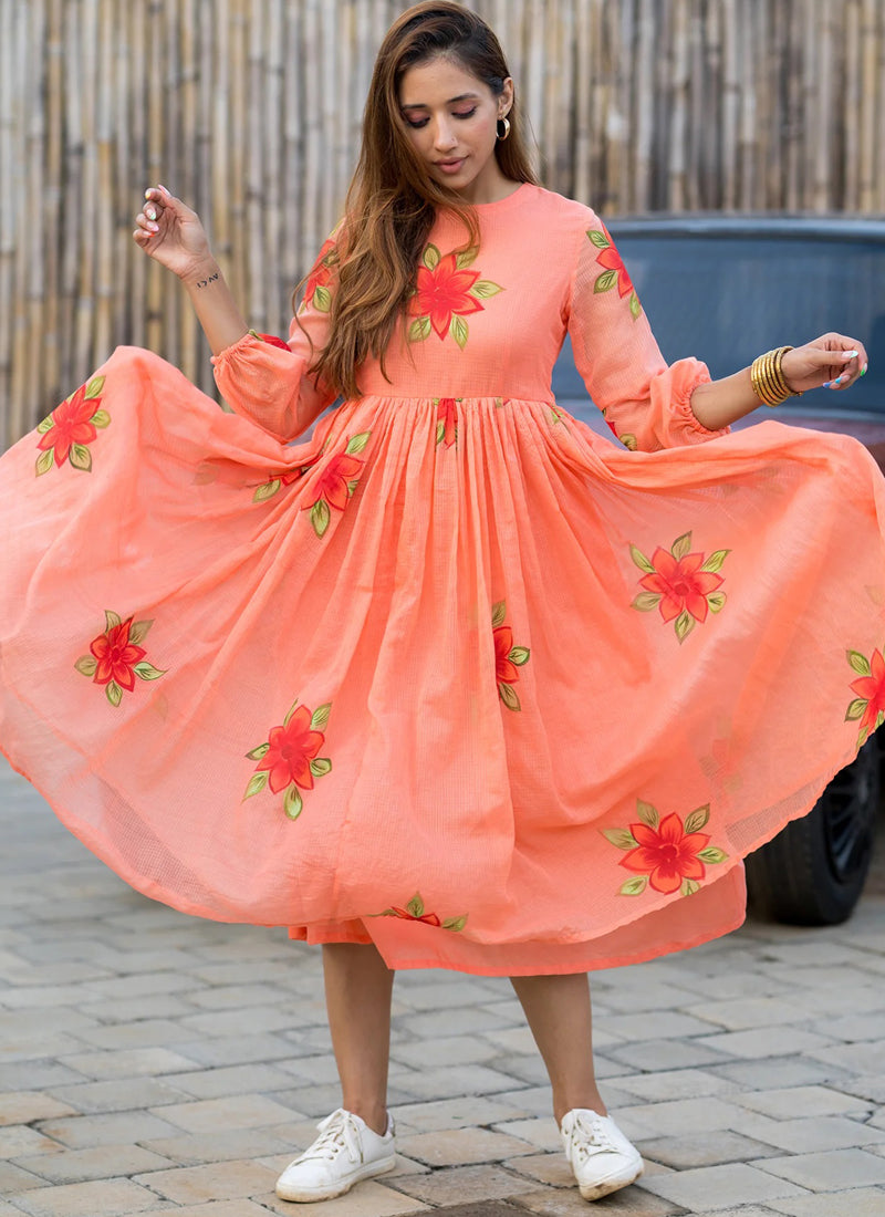Vegaa Fashion Peach Rayon Kota Checks Digital Print Kurti